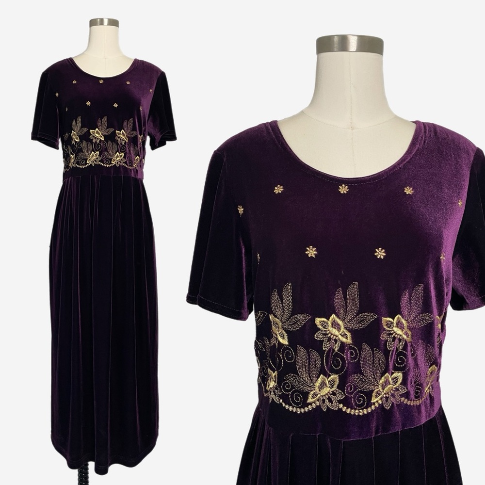 Vintage 90s Another Thyme Plum purple velvet floral embroidered midi medieval L - Picture 1 of 11